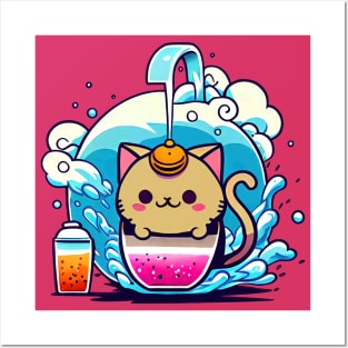 Surrealist cat having a drink Posters and Art